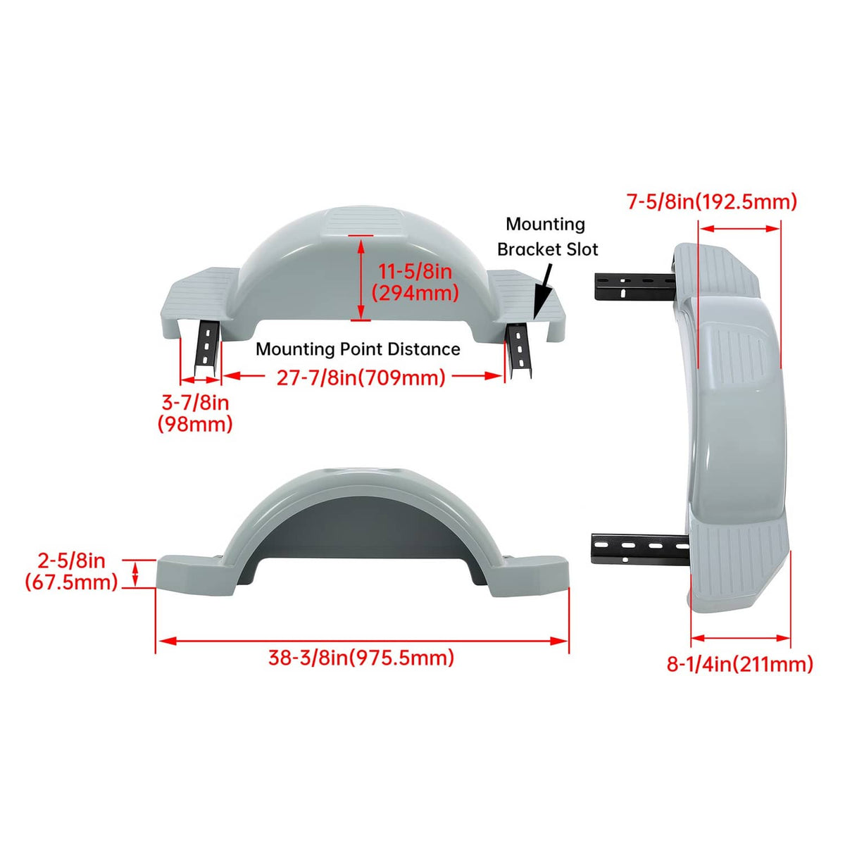 Light gray trailer fenders with ribbed step pads and black steel mounting brackets