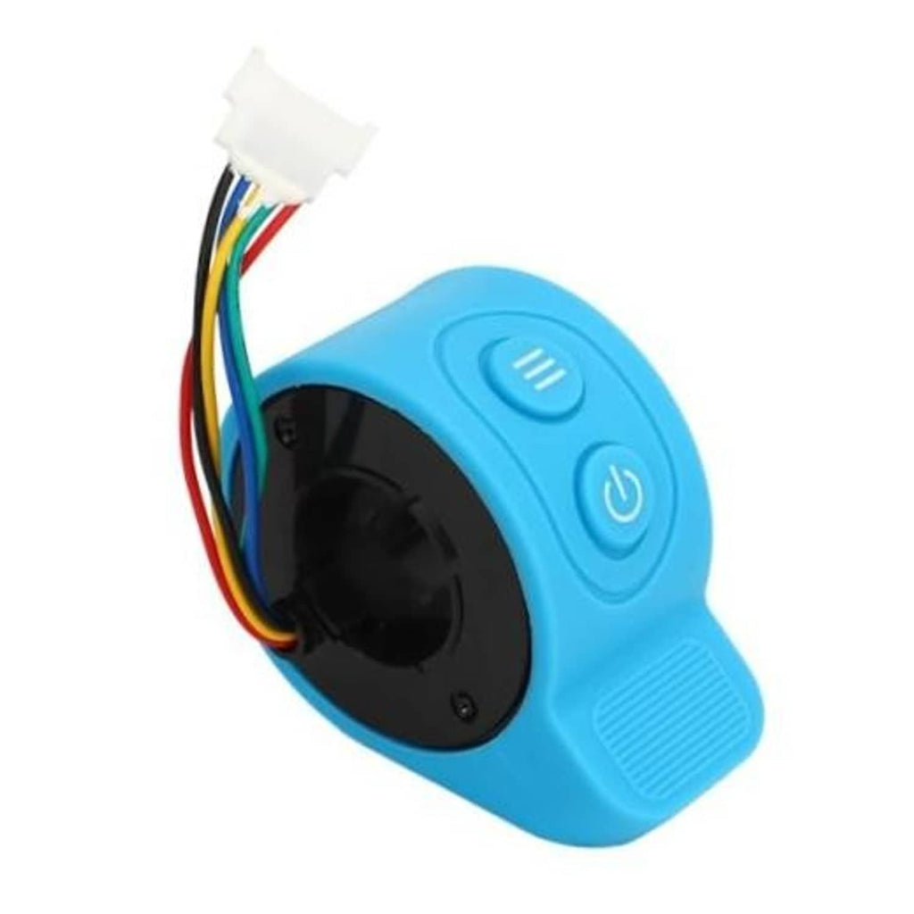 Blue electric scooter thumb throttle with power and speed buttons, wiring connector