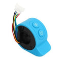 Blue electric scooter thumb throttle with power and speed buttons, wiring connector