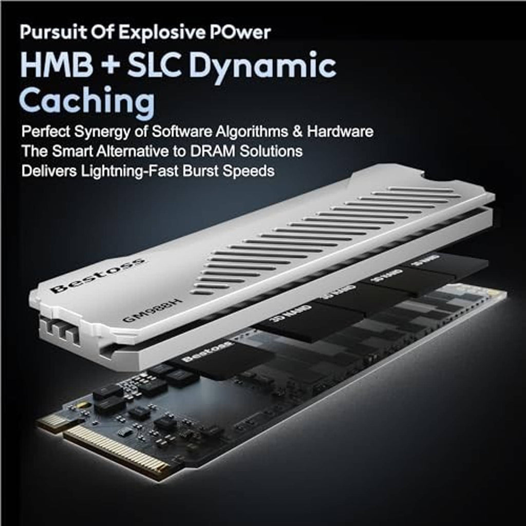 Silver Bestoss heatsink SSD shown disassembled, vented cover above exposed PCB