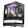 Micro ATX PC case with tempered glass showing ARGB fans and installed graphics card