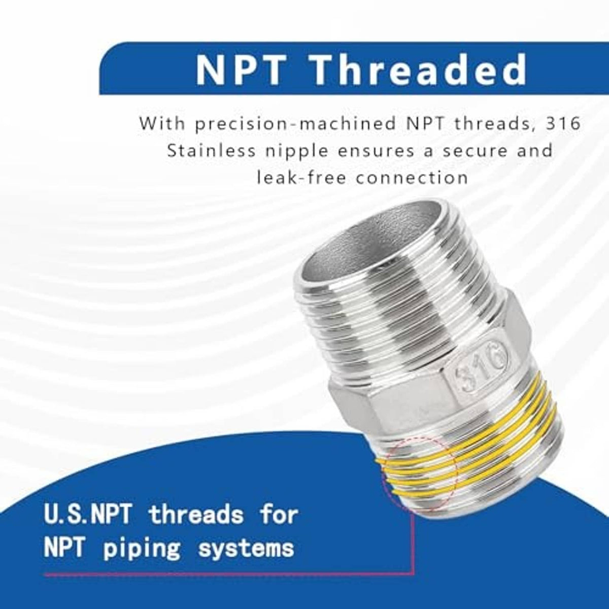 316 stainless steel 3/8 in NPT male-to-male hex nipple adapter, threaded connection