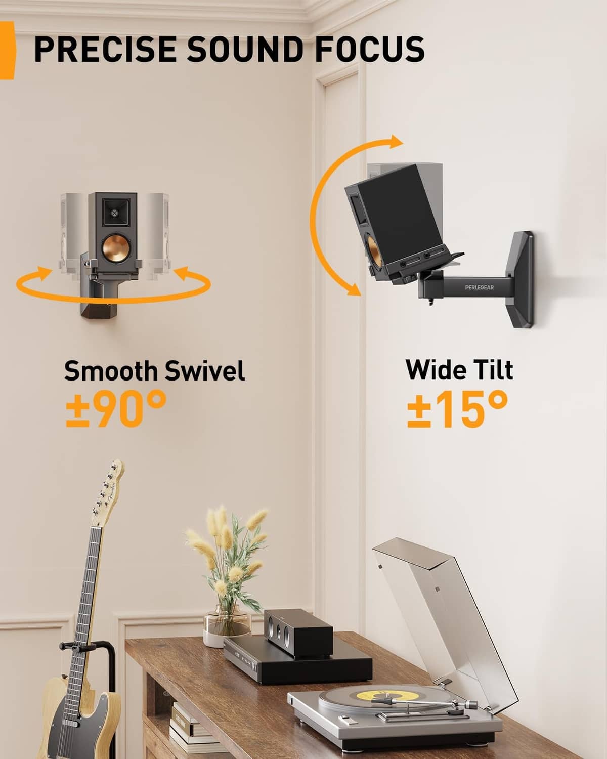 Black adjustable speaker wall mount bracket with wide tilt and swivel