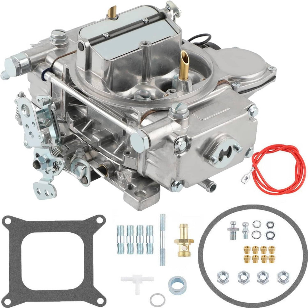4-barrel performance carburetor assembly, silver metal body with mounting gasket