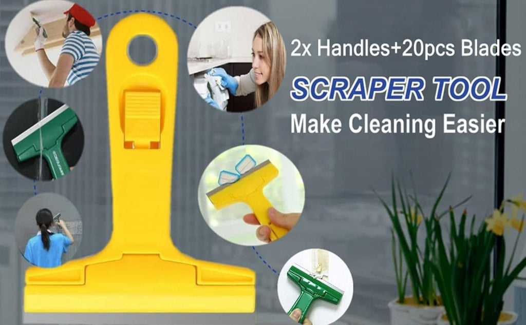 Yellow scraper tool with multiple gray razor blades and fan-style blade inserts