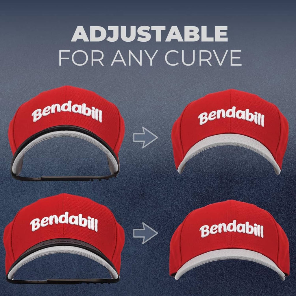 Red baseball cap with white Bendabill logo, shown with adjustable curved brim bender
