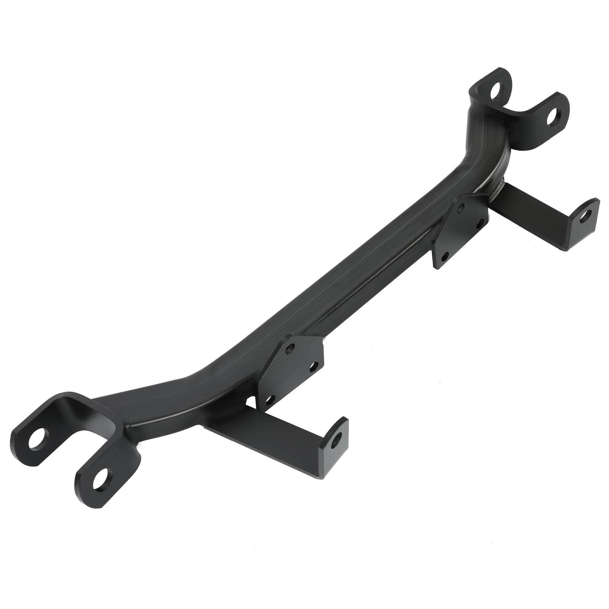Black drop axle lift crossbar bracket with curved axle mount and bolt holes
