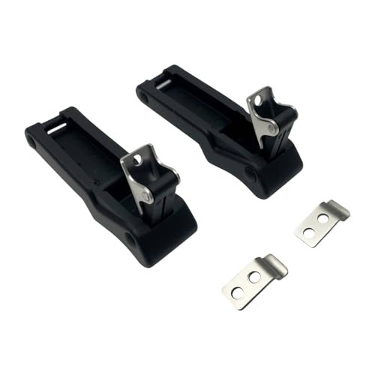 Black latch clips with silver mounting hardware and a small metal bracket