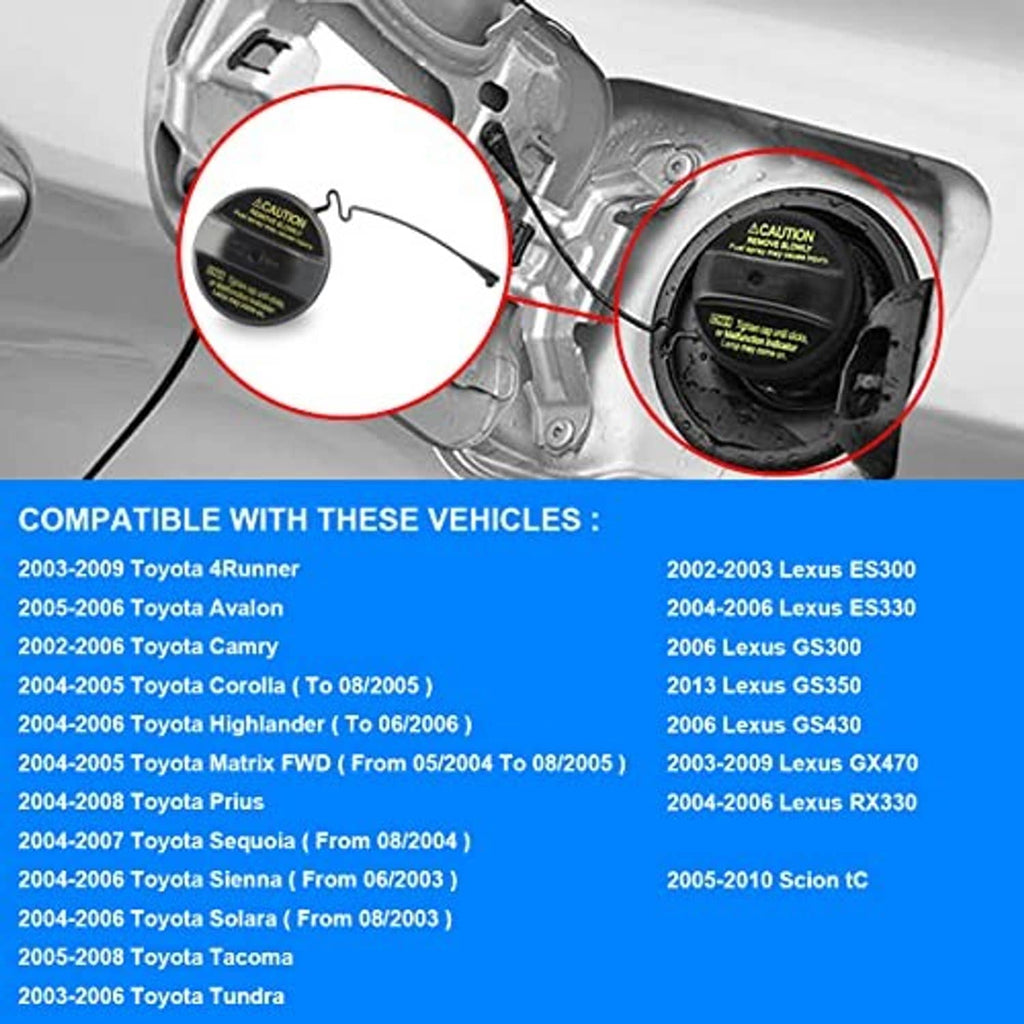 Fuel tank gas cap with tethered handle, black plastic with caution label