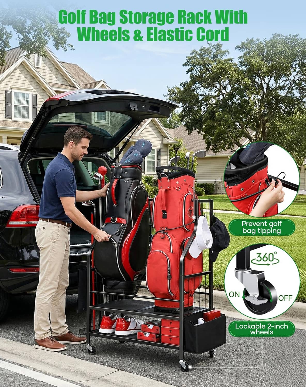 Wheeled golf bag rack with two bags, lockable wheels, and elastic cord sides
