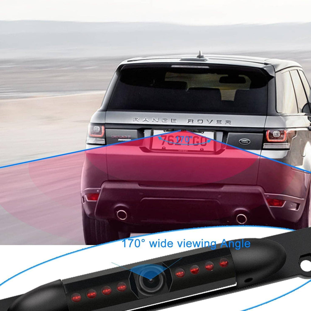 Rear view backup camera lens in license plate frame with wide viewing angle