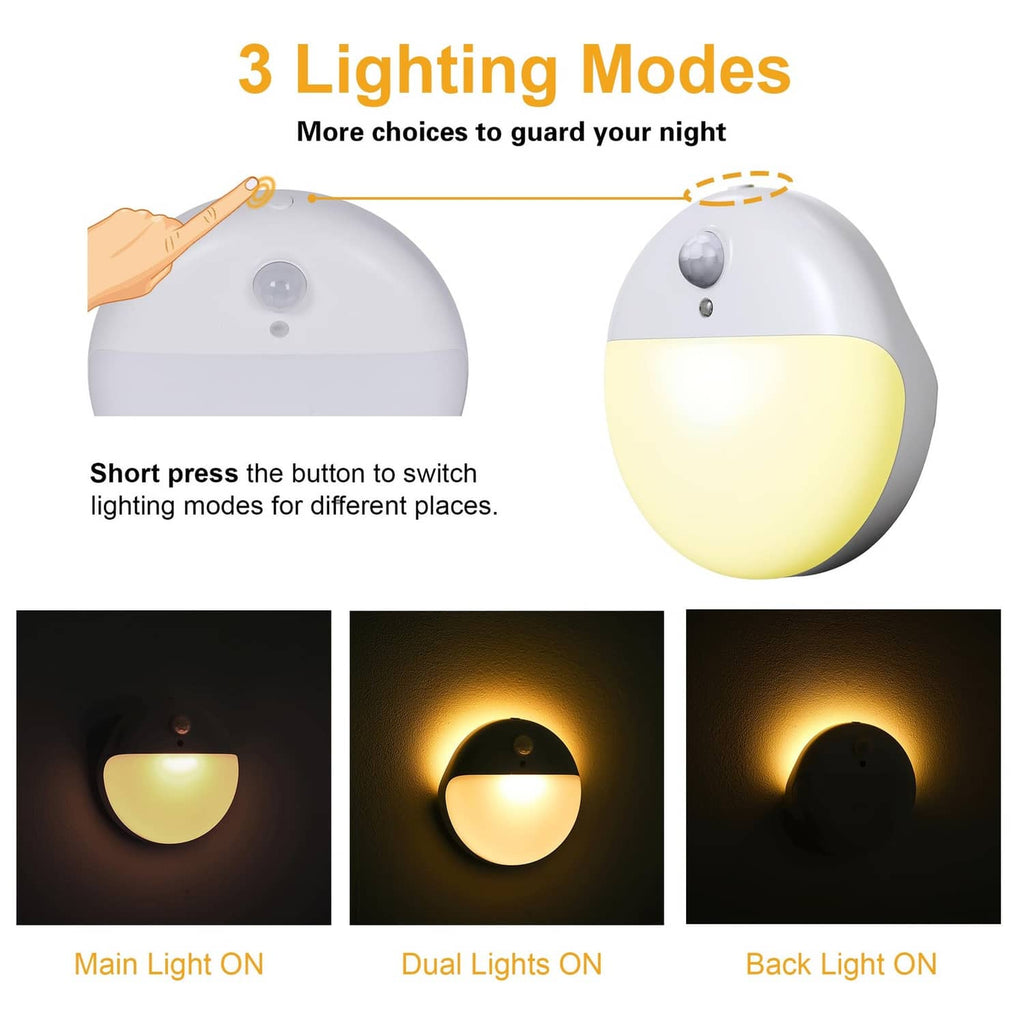 Round motion sensor night light with three lighting modes, warm yellow illumination.