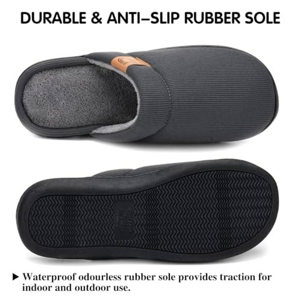 Dark gray slip-on slippers showing indoor treaded rubber sole and plush lining
