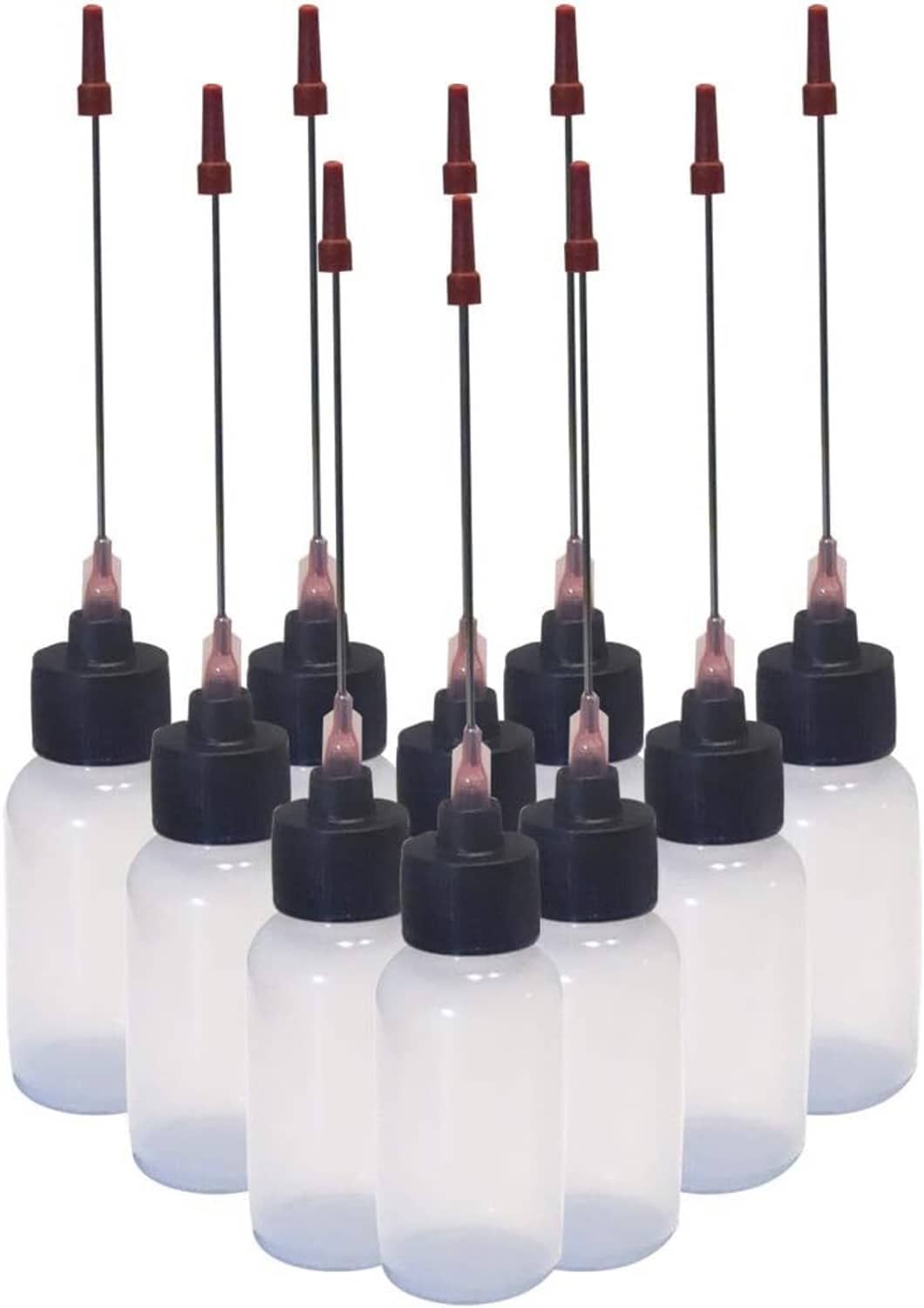 Set of dispensing bottles with red-tipped 3 inch needles and black caps