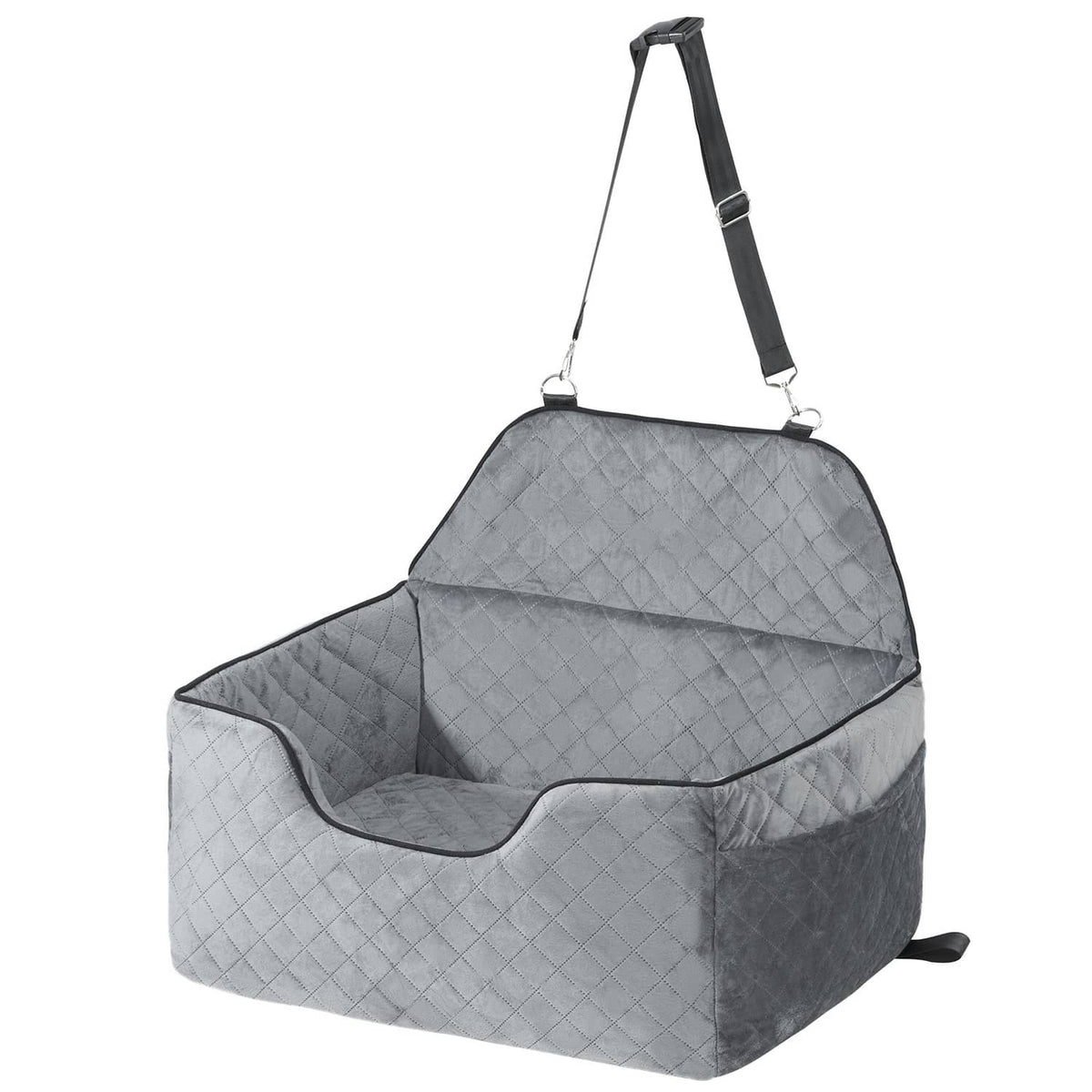 Gray quilted pet booster car seat with two top carrying straps and open front