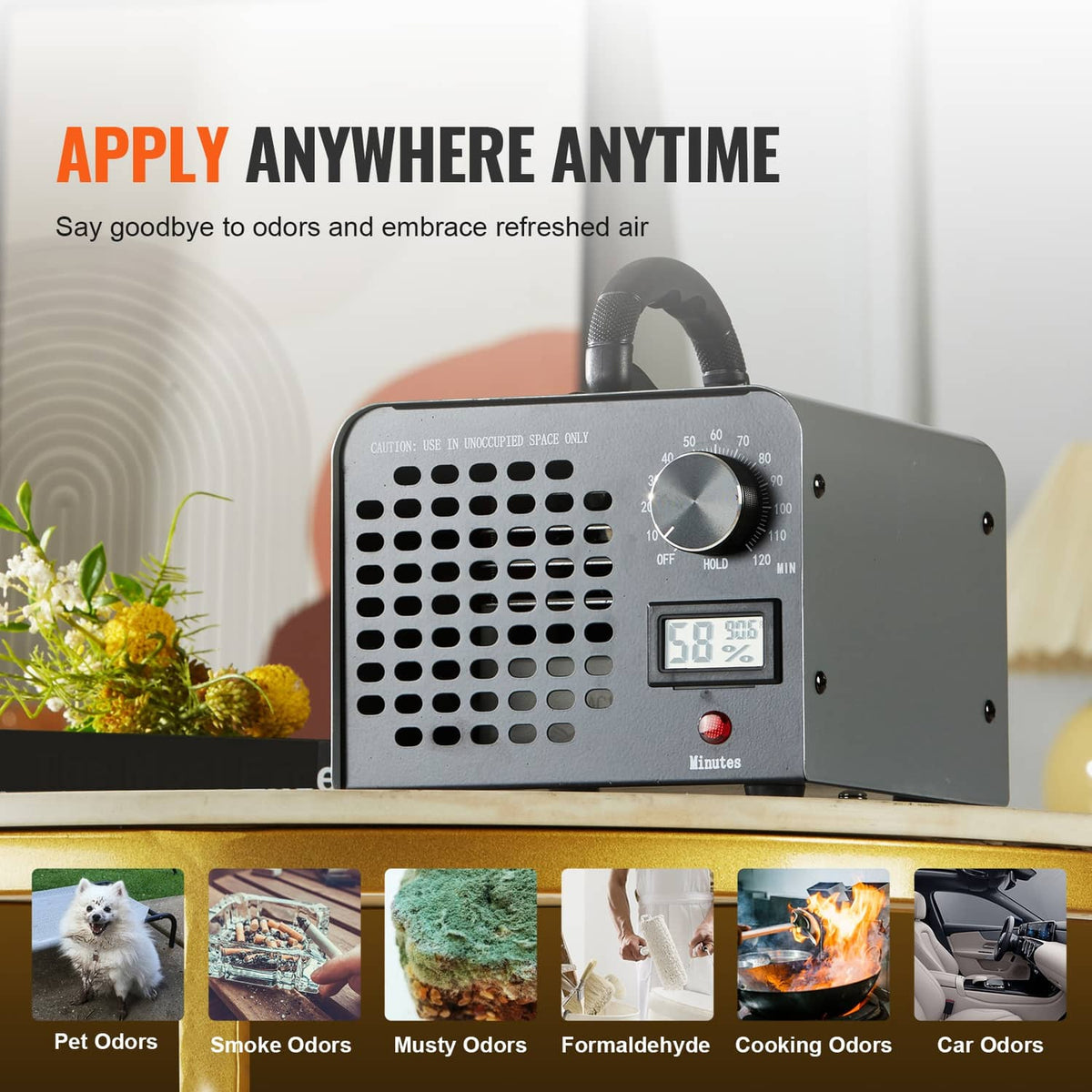 Ozone generator unit with handle, front vents, dial controls, and humidity display screen.