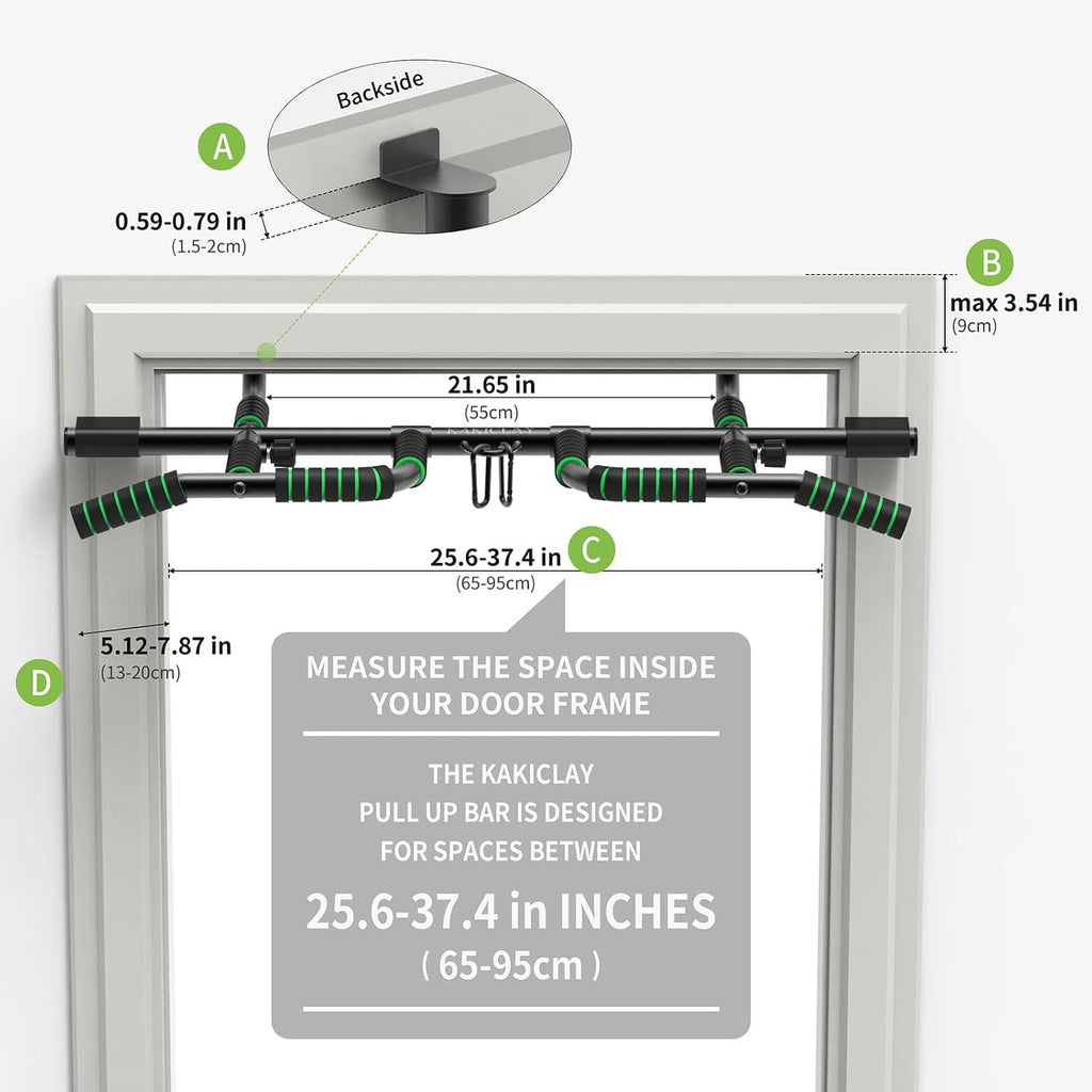Doorway pull-up bar size diagram for door frame clearance and maximum spacing