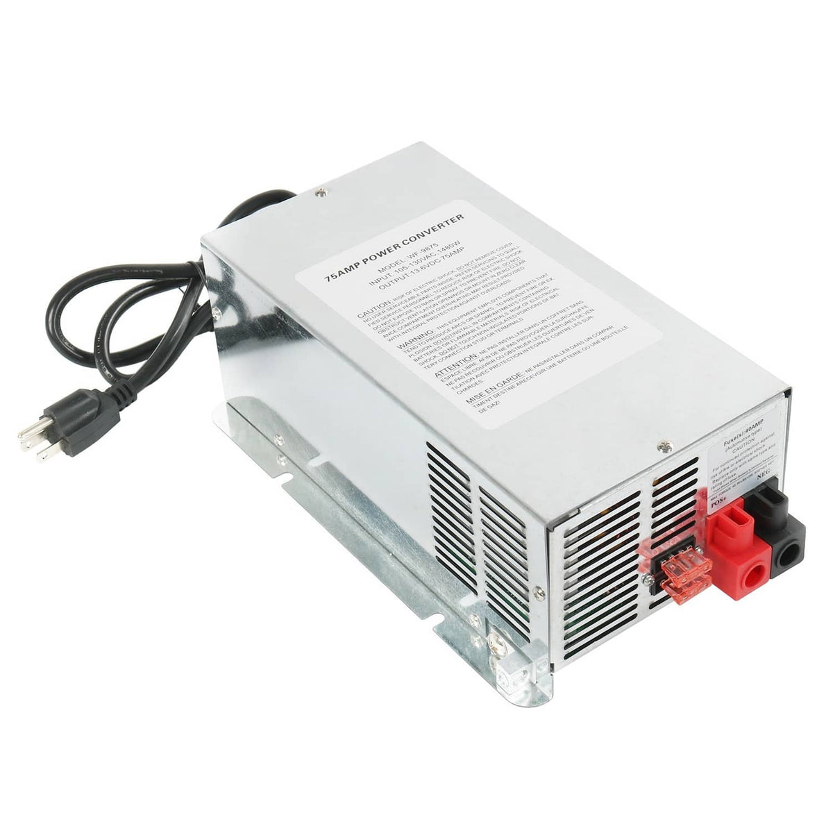 RV DC auto-detect deckmount converter charger with DC output terminals and power cord