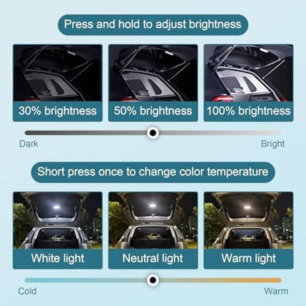 Adjustable LED trunk light with multiple brightness levels and color temperatures