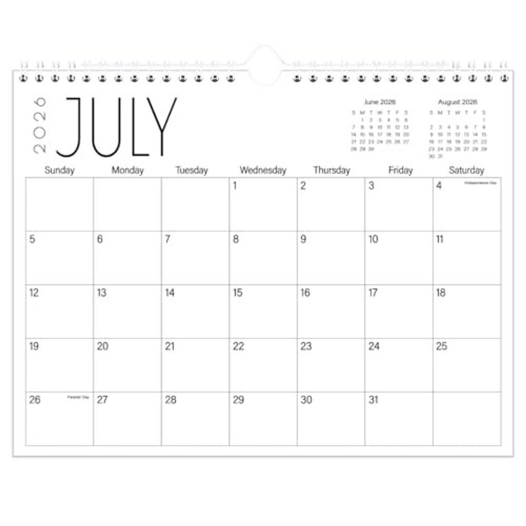 Wall calendar with spiral binding, July 2026 monthly grid, black month title