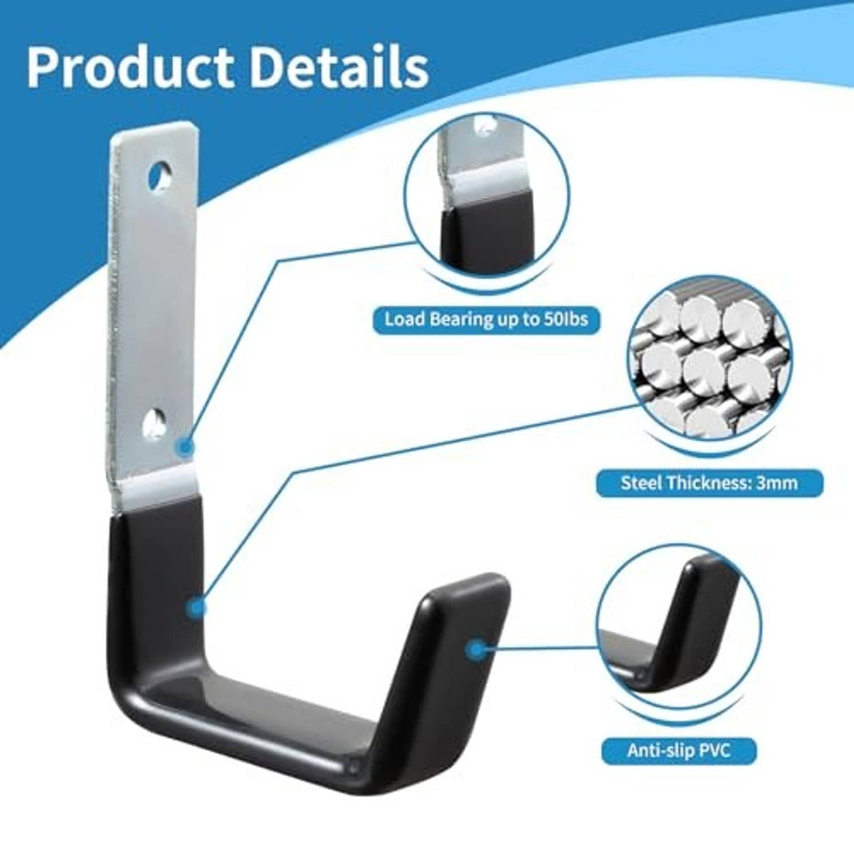 Steel garage hook with black anti-slip PVC base and two-hole mounting bracket