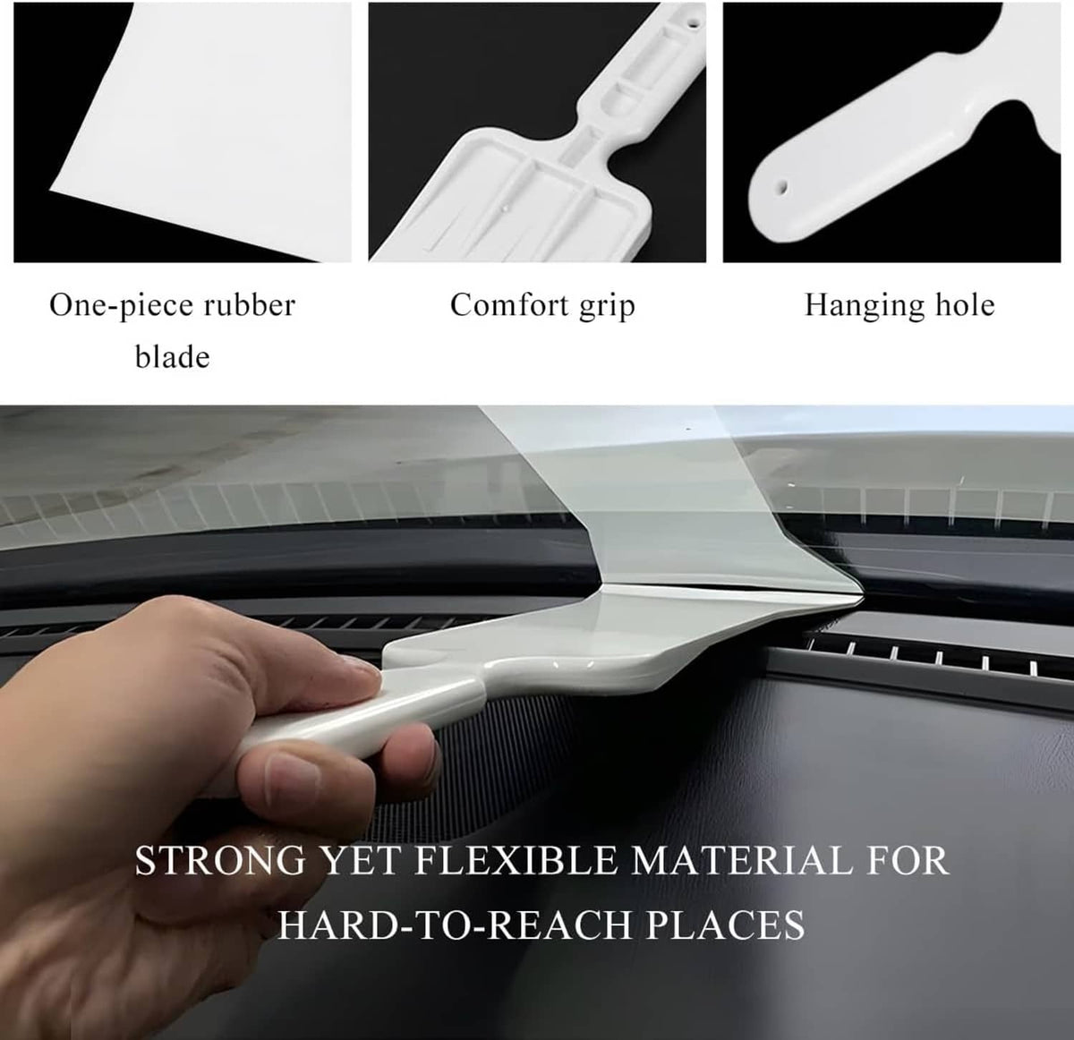 White window tint squeegee with one-piece rubber blade, comfort grip, and hanging hole