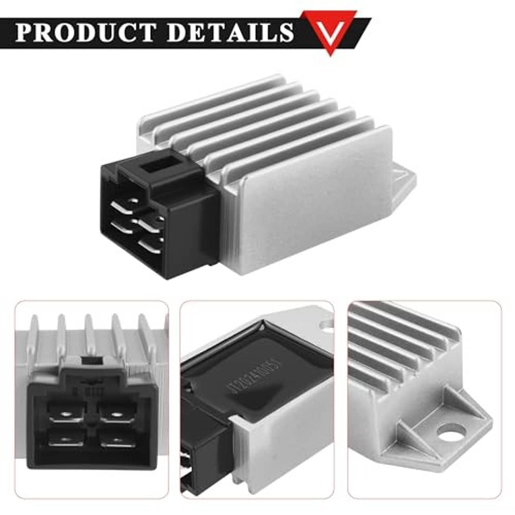 12V 4-pin voltage regulator rectifier, silver heatsink with black face and mounting features