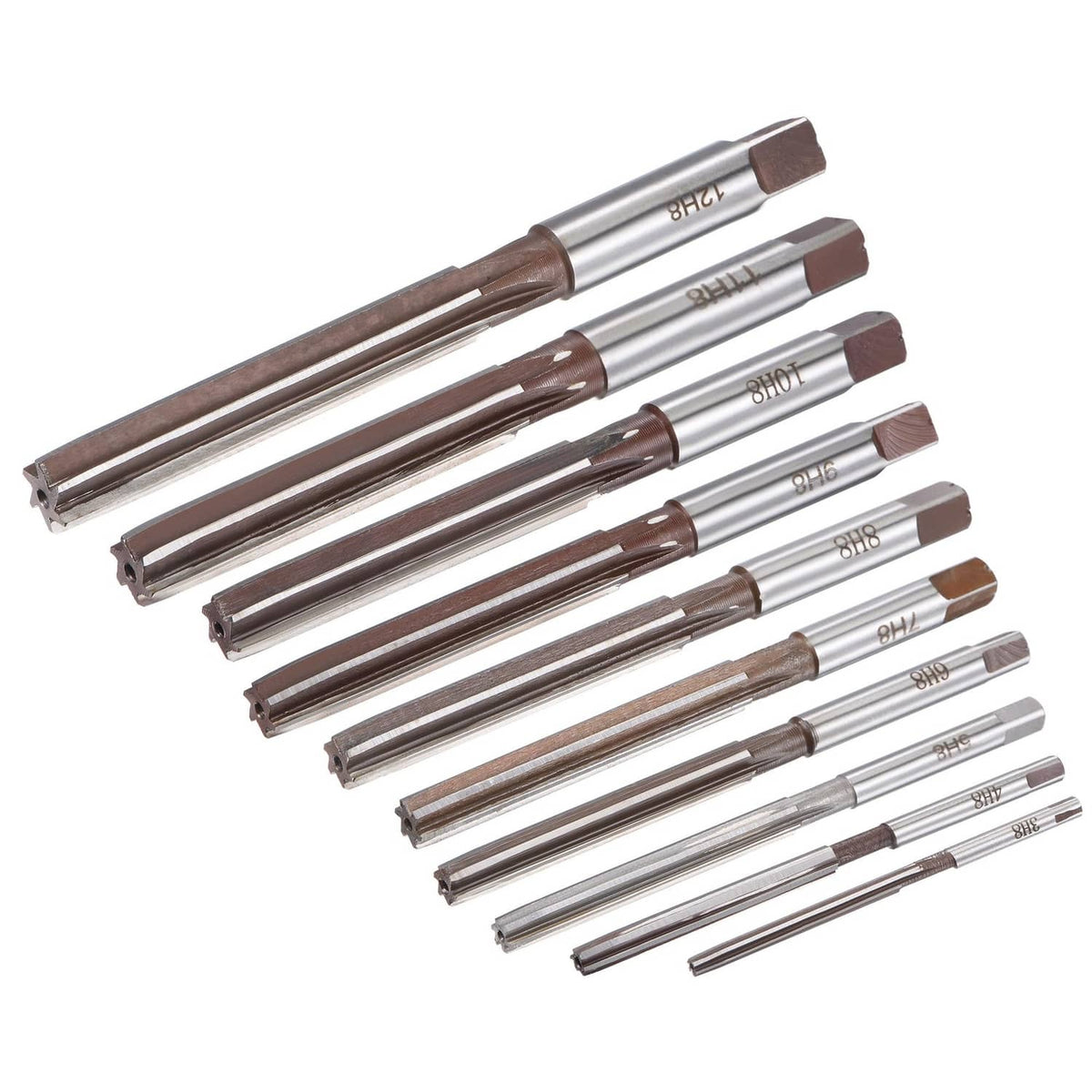 Assorted hand reamers set, straight shanks, alloy steel bodies, six-flute cutters