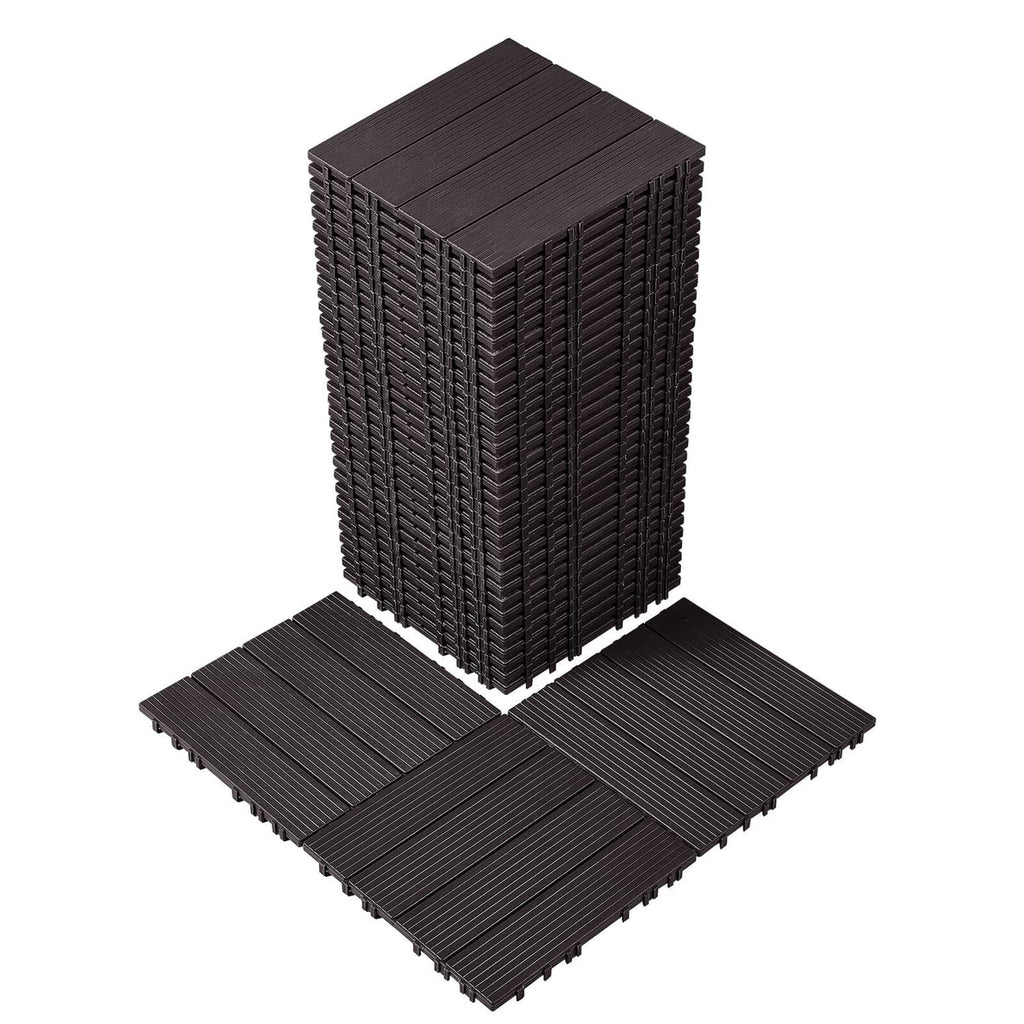 Dark brown interlocking deck tile set with textured grid edge and hinged connector tabs