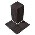 Dark brown interlocking deck tile set with textured grid edge and hinged connector tabs