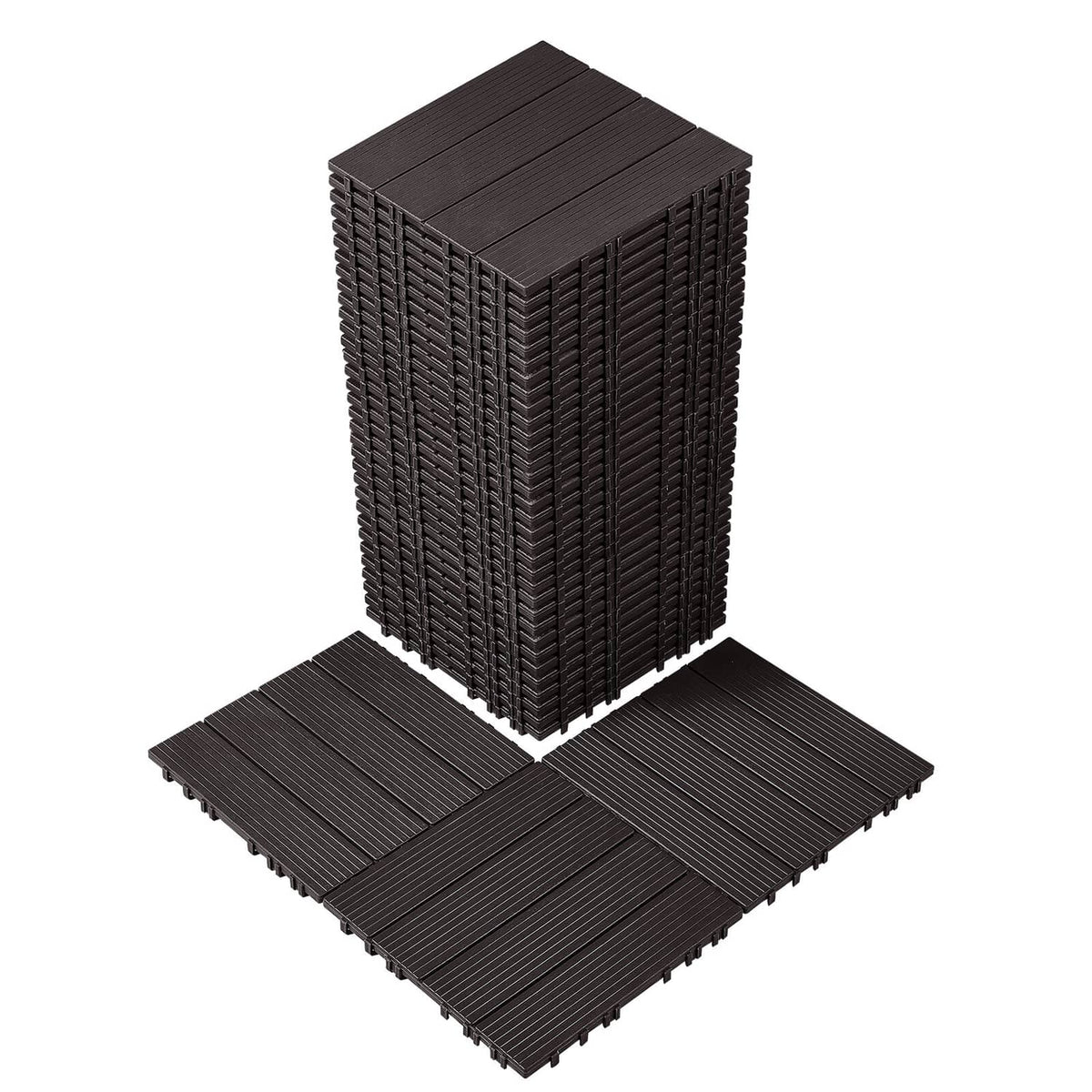 Dark brown interlocking deck tile set with textured grid edge and hinged connector tabs