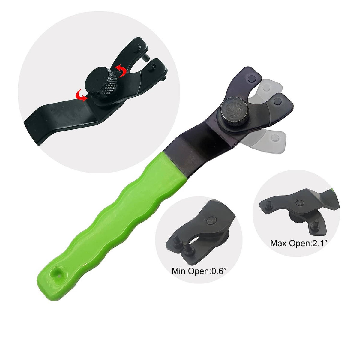 Angle grinder extension shaft with green handle and adjustable opening for grinder use