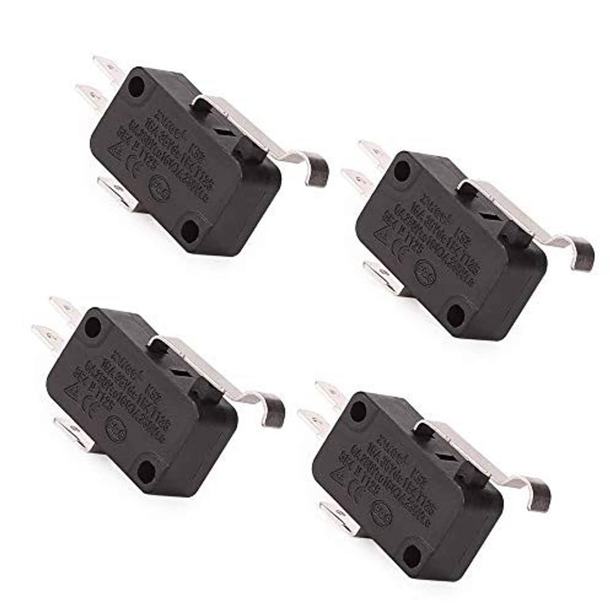 Set of four black micro switches with lever and metal prongs