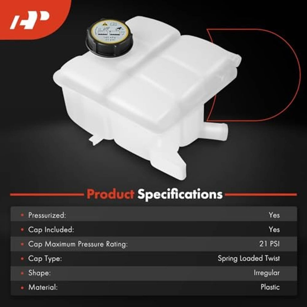 White coolant reservoir tank with black cap and front-mounted outlet stubs