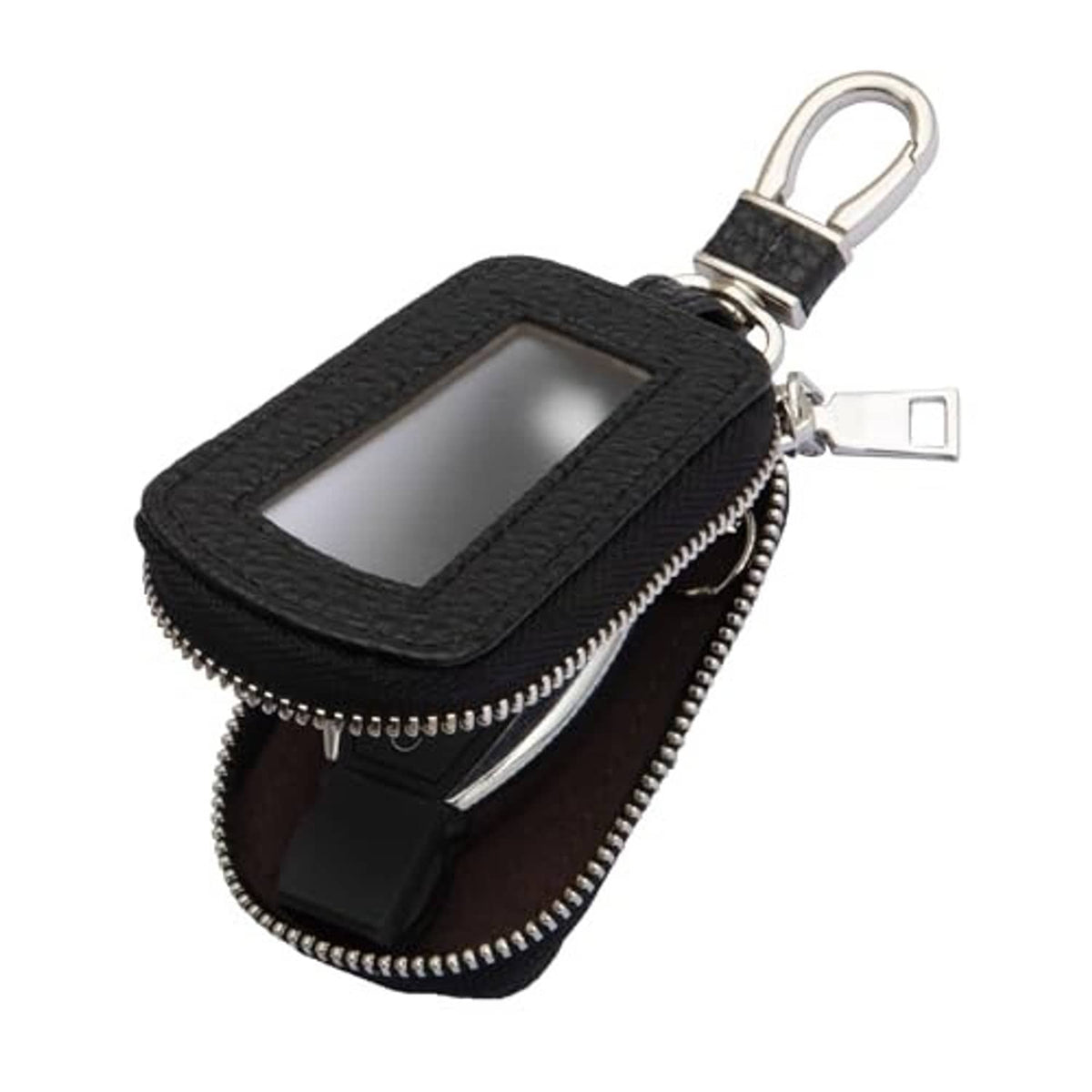 Black leather key fob case with metal key ring and zipper, open key fob holder window