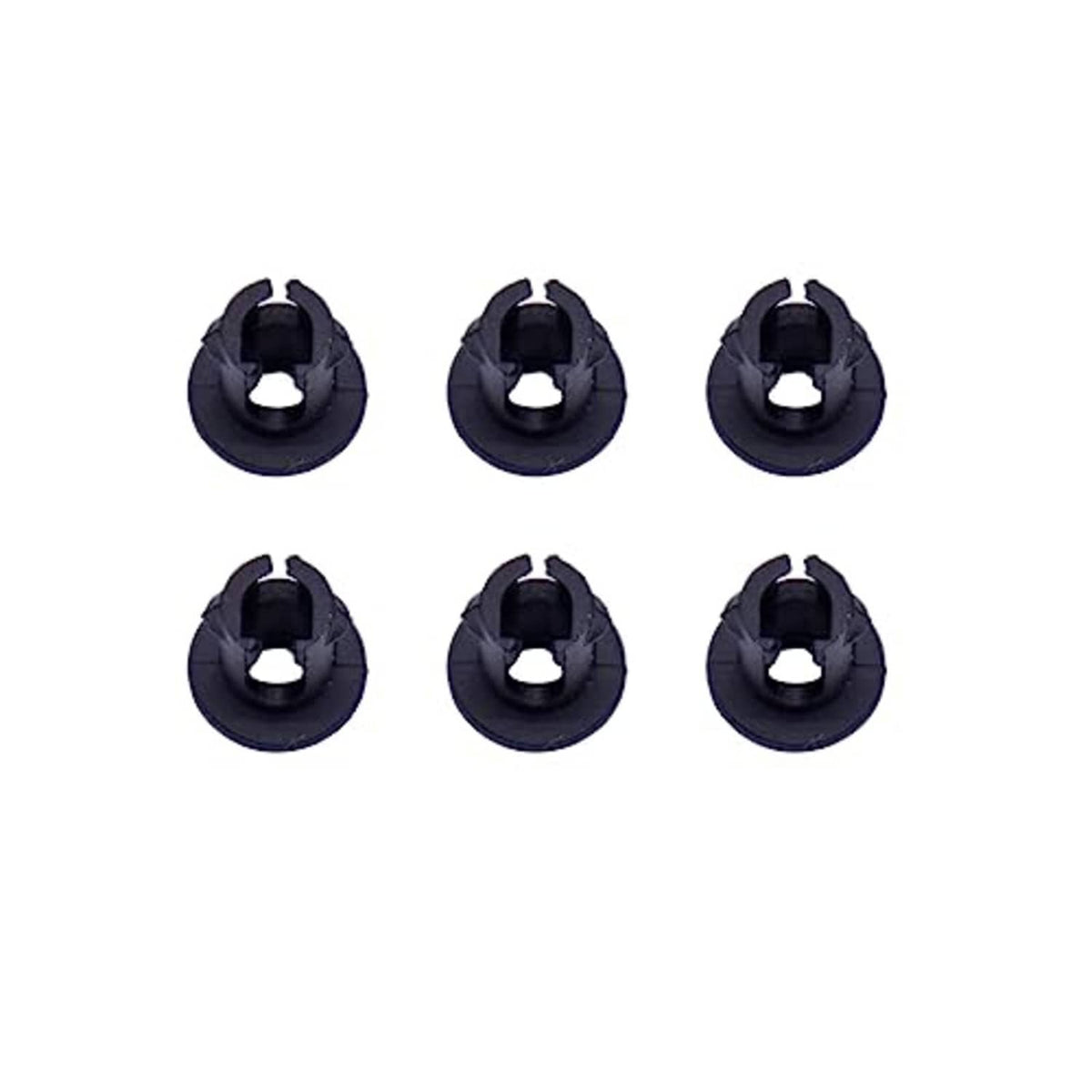 6-pack black plastic throttle linkage retaining bushings, circular base front view
