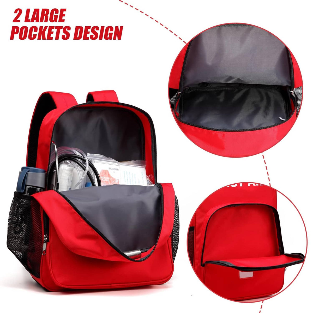 Red first aid backpack open to show black-lined compartments and mesh divider pocket