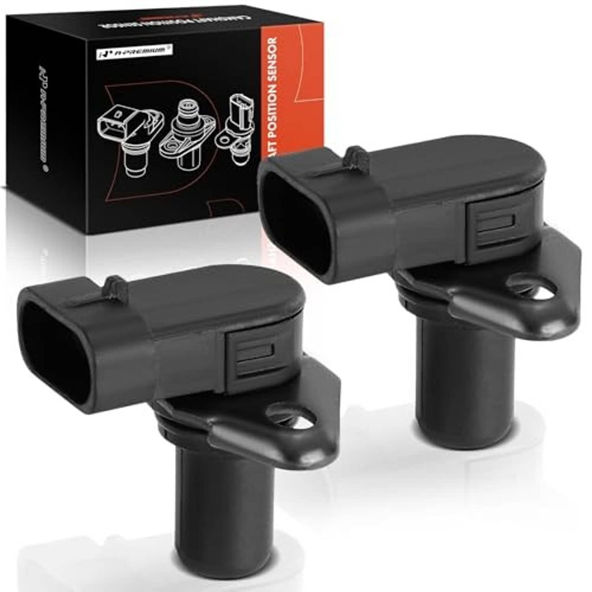 Camshaft position sensor pair with connector end facing forward, black body