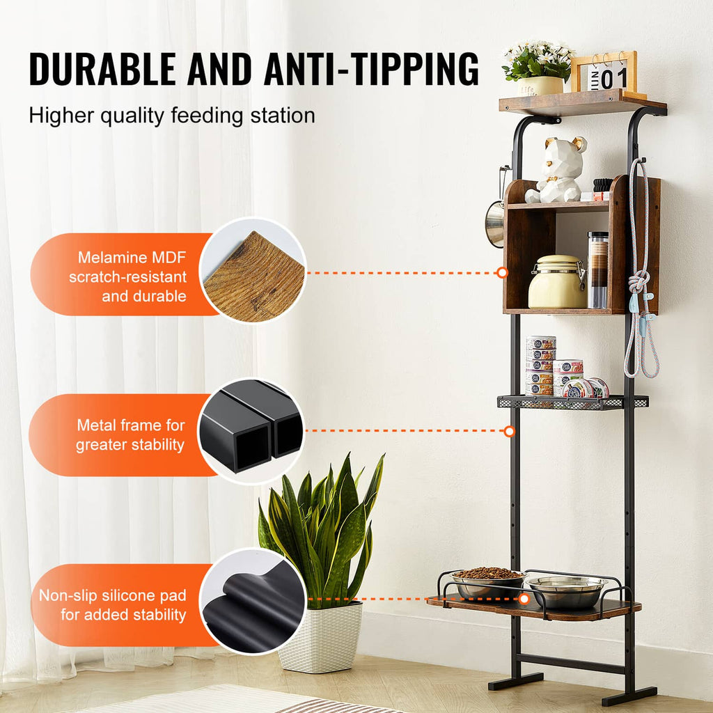 Anti-tip dog feeding station with non-slip silicone pad, melamine MDF shelves, metal frame