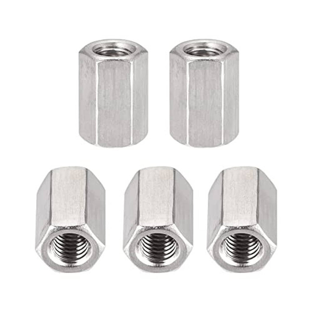 Hex coupling nuts set of 5, silver steel hex heads with threaded holes