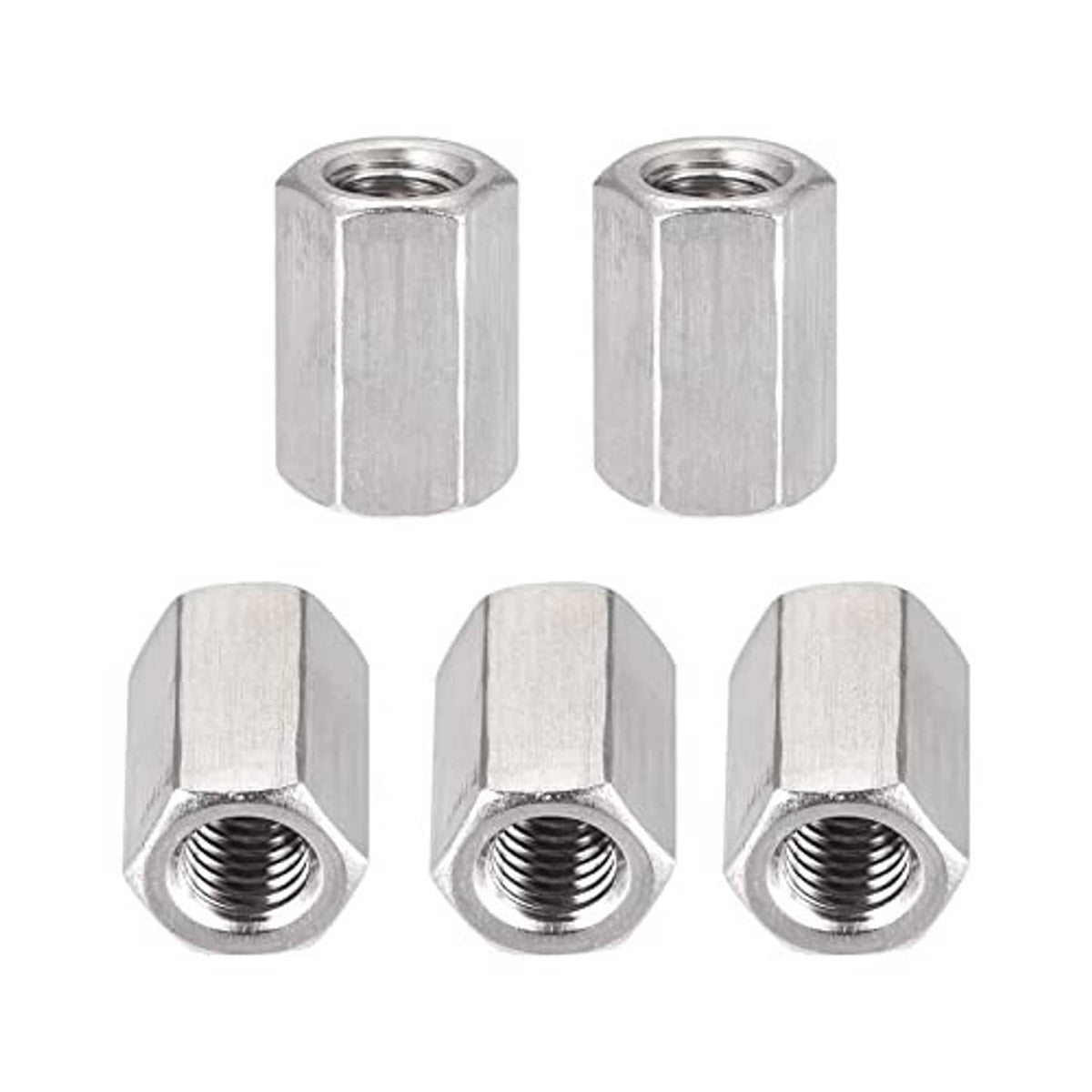 Hex coupling nuts set of 5, silver steel hex heads with threaded holes