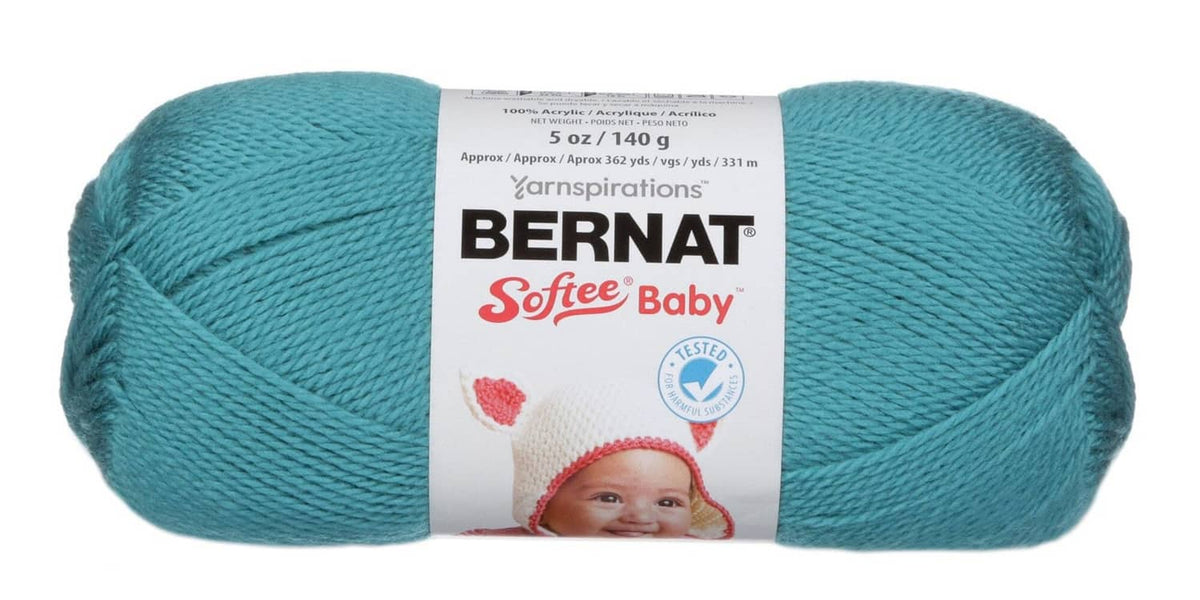 Baby acrylic yarn skein in teal blue, label on center