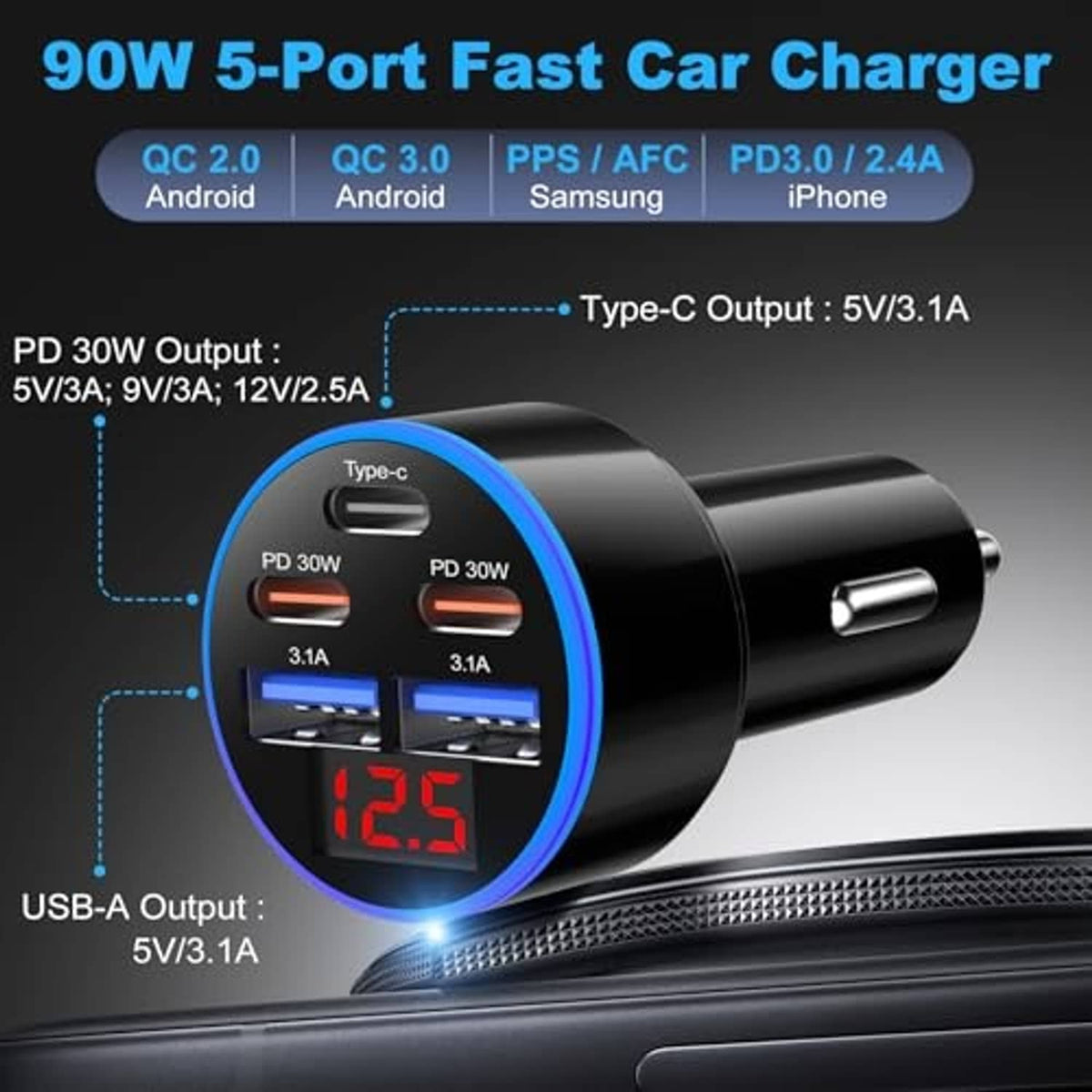Black 5-port USB-C car charger with blue LED output display and Type-C ports