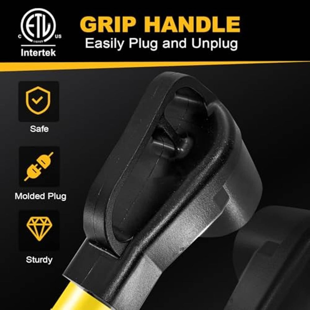 Molded grip handle on black EV charger adapter plug with yellow cord