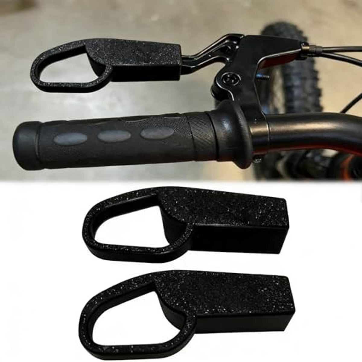 Black bicycle brake extender set, curved clamp with hook, 2 pieces shown