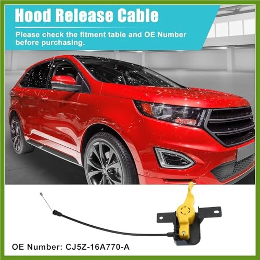 Hood release cable with yellow latch lever and black cable, shown in product packaging