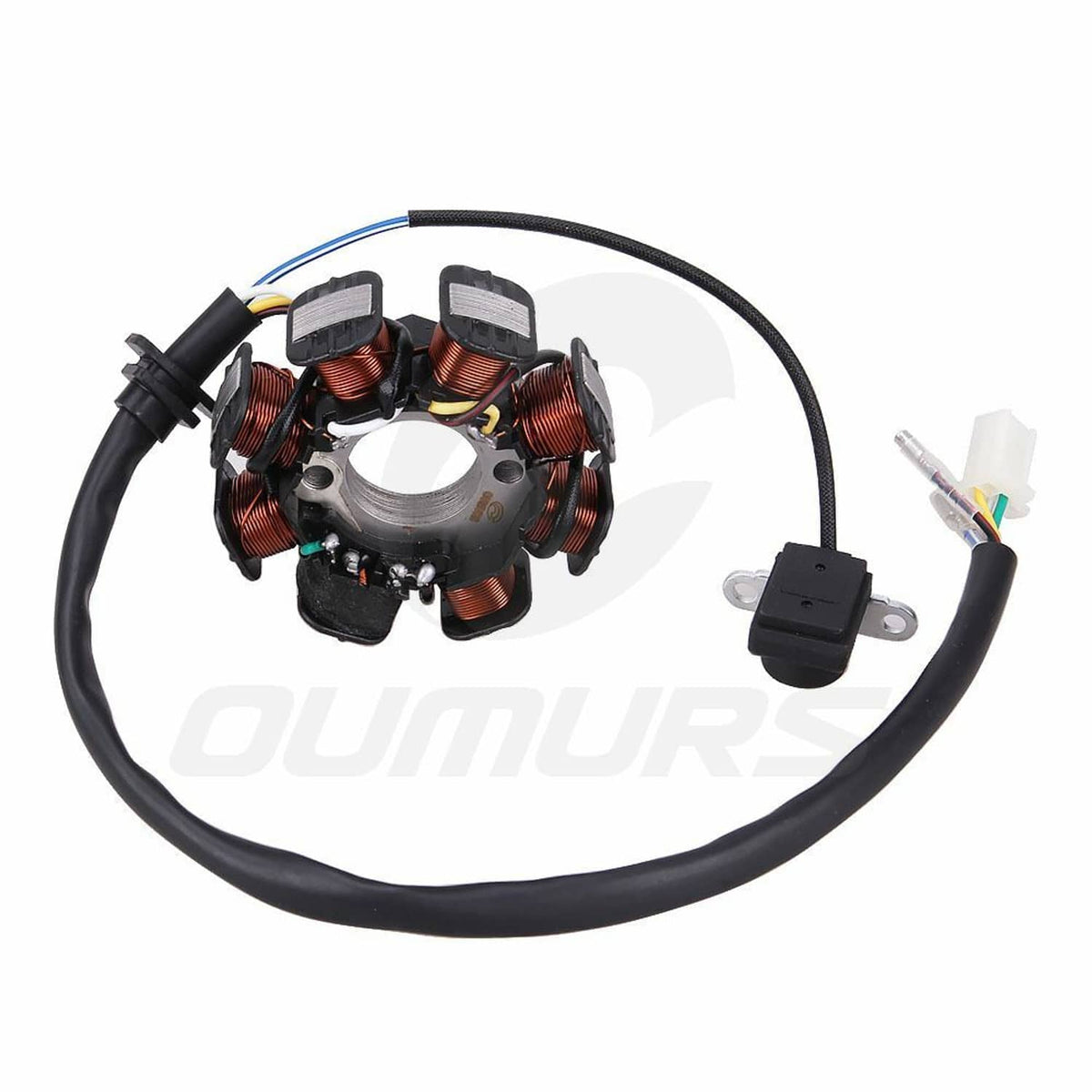 8-pole magneto stator with copper coils, black sensor blocks, and 5-wire lead