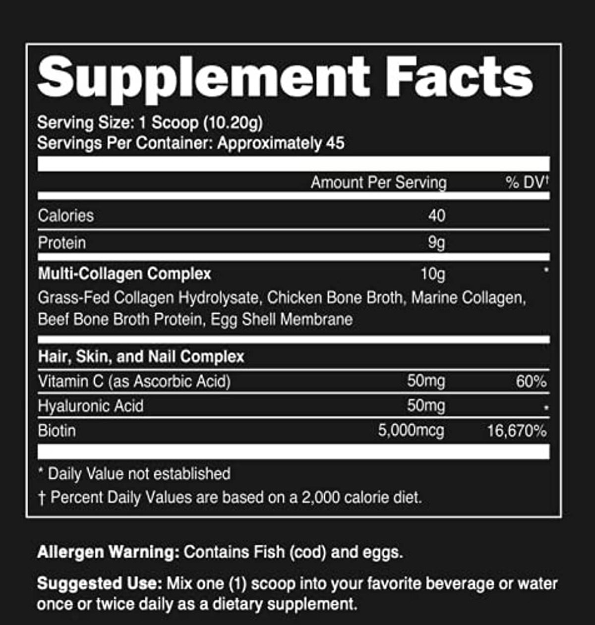 Multi-collagen peptides powder label with Supplement Facts panel and ingredient list