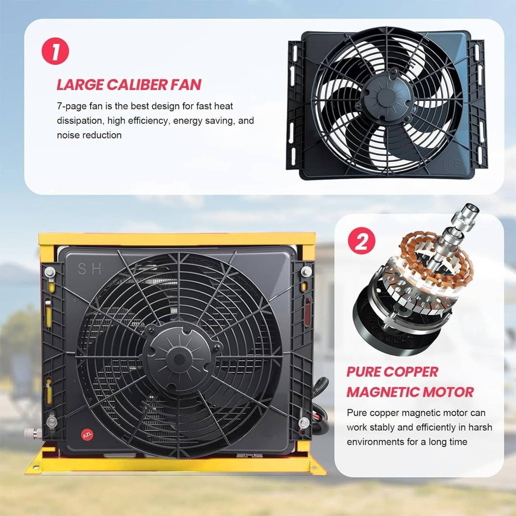Outdoor air conditioner condenser with large front fan and exposed motor assembly detail