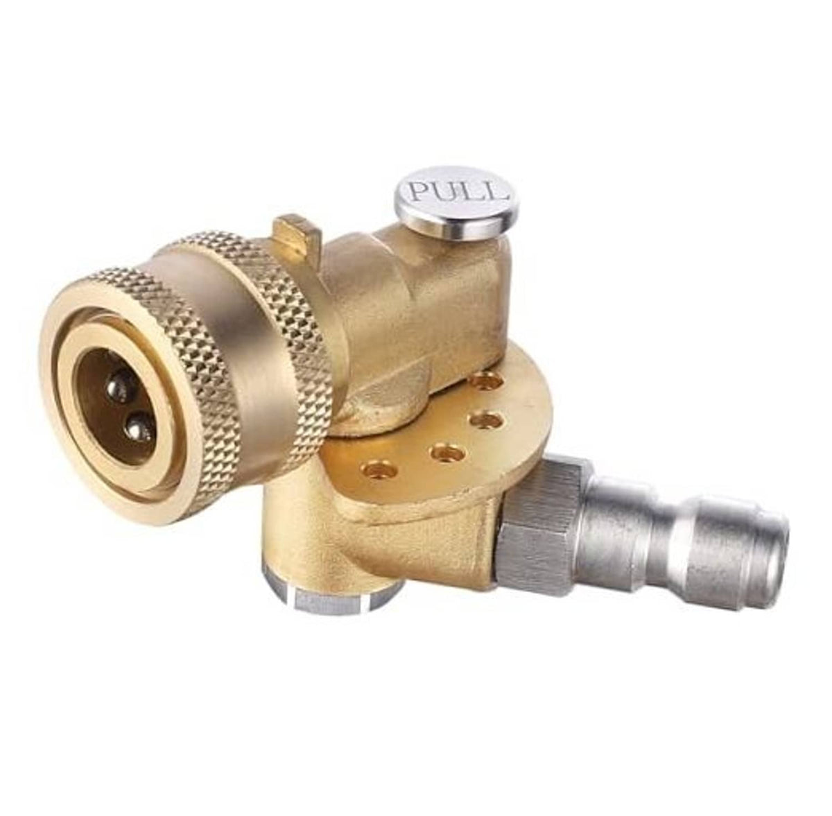 Brass pivoting coupler with textured grip, pull pin knob, and quick-connect hose end